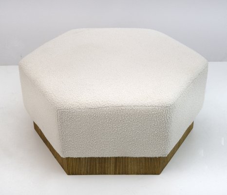 Hexagonal Pouf in Soft White Boucle on Wooden Base, Italy, 1989-FER-1386260