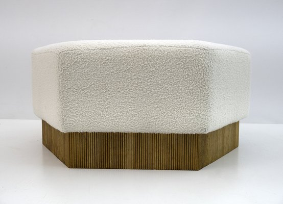 Hexagonal Pouf in Soft White Boucle on Wooden Base, Italy, 1989-FER-1386260