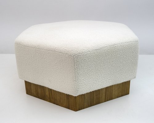 Hexagonal Pouf in Soft White Boucle on Wooden Base, Italy, 1989-FER-1386260