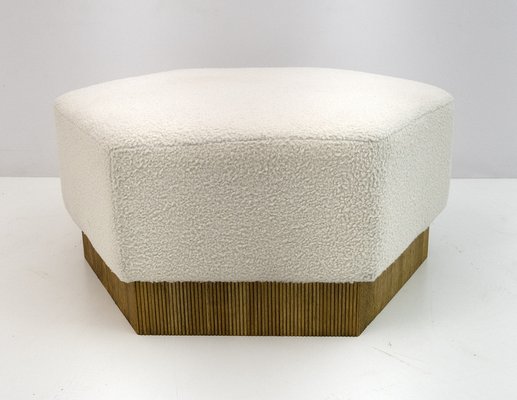 Hexagonal Pouf in Soft White Boucle on Wooden Base, Italy, 1989-FER-1386260