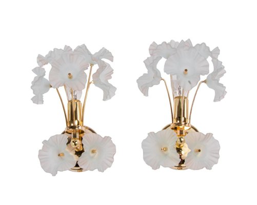 Hibiscus Brass Wall Sconces with Glass Flowers, Italy, 1970s, Set of 2-DEK-932439