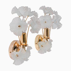 Hibiscus Brass Wall Sconces with Glass Flowers, Italy, 1970s, Set of 2-DEK-932439