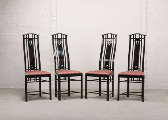 High Back Black Lacquered Dining Chairs with Fabric from Giorgetti, 1980s, Set of 4-IXC-808736