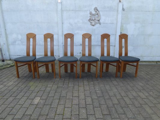 High Back Blond Oak Wooden Chairs, 1980s, Set of 6-AWL-1175325