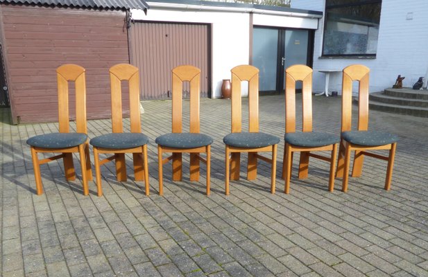 High Back Blond Oak Wooden Chairs, 1980s, Set of 6-AWL-1175325