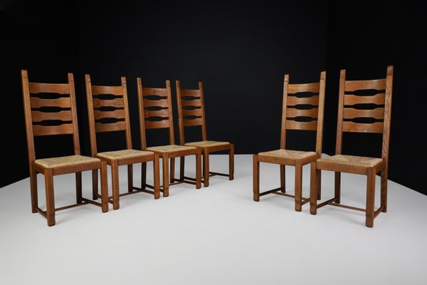 High Back Oak and Rush Dining Chairs, 1960s, Set of 6-TRW-1797089