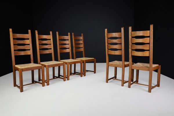 High Back Oak and Rush Dining Chairs, 1960s, Set of 6-TRW-1797089