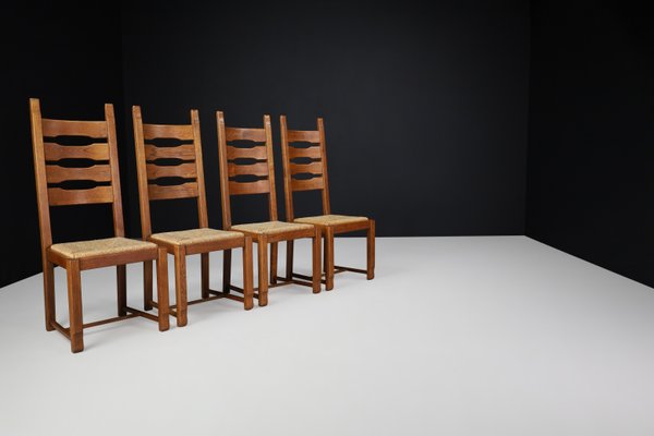 High Back Oak and Rush Dining Chairs, 1960s, Set of 6-TRW-1797089