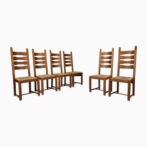 High Back Oak and Rush Dining Chairs, 1960s, Set of 6-TRW-1797089