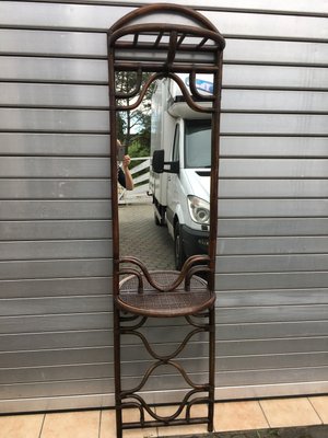 High Rattan Coat Hanger with Mirror and 2 Shelves, 1970s-WQQ-935495