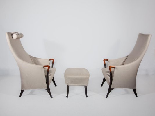 Highback Lounge Chairs and Footstool by Umberto Asnago, 1980, Set of 3-KL-1717367