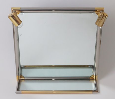 Hollywood Illuminated Bathroom Mirror with Glass Shelf in Silver and Gold, 1980s-ESB-2035590