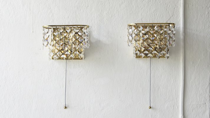 Hollywood Regency Brass and Crystal Glass Wall Lamps from Palwa, Set of 2-UMB-1304960