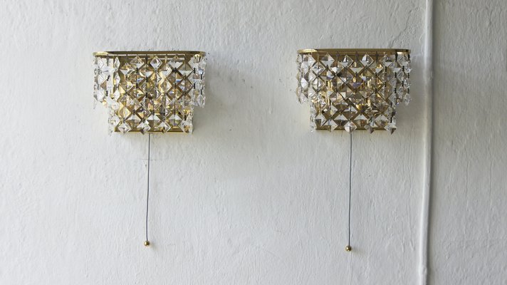 Hollywood Regency Brass and Crystal Glass Wall Lamps from Palwa, Set of 2-UMB-1304960