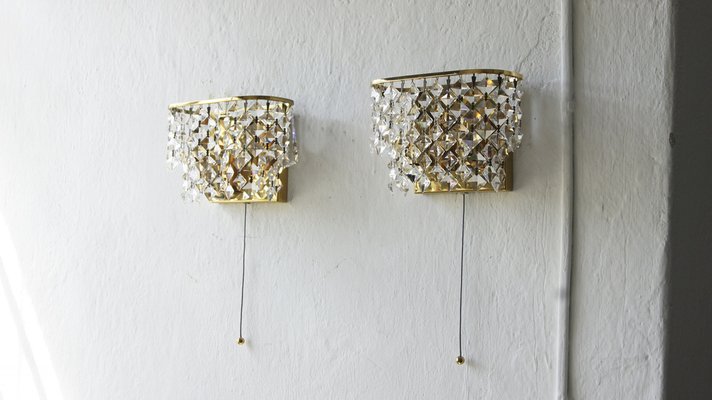 Hollywood Regency Brass and Crystal Glass Wall Lamps from Palwa, Set of 2-UMB-1304960