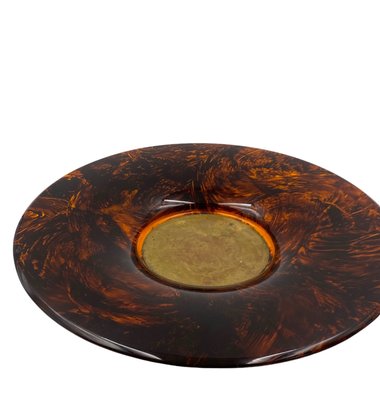 Hollywood Regency Brass and Tortoiseshell Acrylic Glass Tray from Guzzini, Italy, 1970s-TXN-2033766