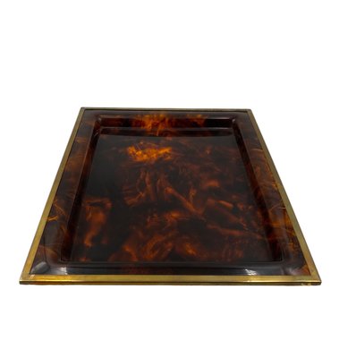 Hollywood Regency Brass and Tortoiseshell Acrylic Glass Tray, Italy, 1970s-TXN-2033815