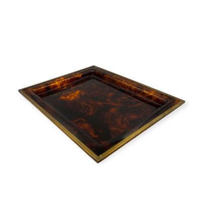 Hollywood Regency Brass and Tortoiseshell Acrylic Glass Tray, Italy, 1970s-TXN-2033815