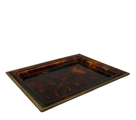 Hollywood Regency Brass and Tortoiseshell Acrylic Glass Tray, Italy, 1970s-TXN-2033815