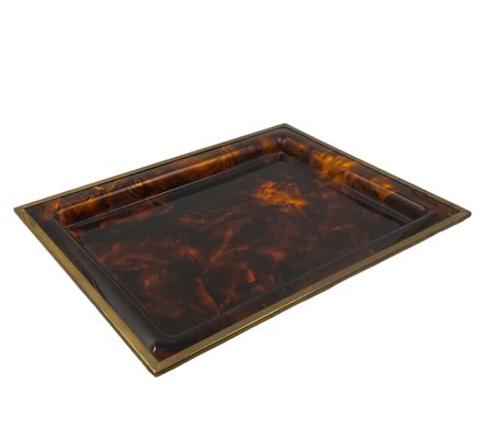 Hollywood Regency Brass and Tortoiseshell Acrylic Glass Tray, Italy, 1970s-TXN-2033815