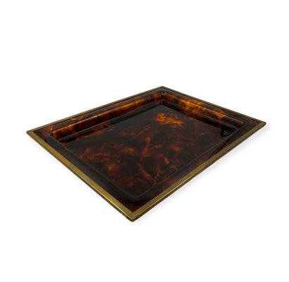 Hollywood Regency Brass and Tortoiseshell Acrylic Glass Tray, Italy, 1970s-TXN-2033815