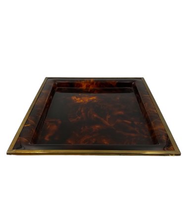 Hollywood Regency Brass and Tortoiseshell Acrylic Glass Tray, Italy, 1970s-TXN-2033815