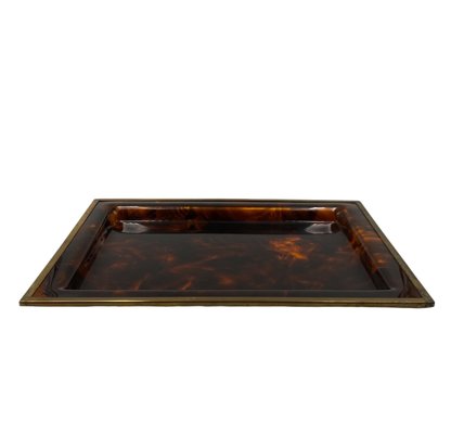 Hollywood Regency Brass and Tortoiseshell Acrylic Glass Tray, Italy, 1970s-TXN-2033815