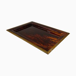 Hollywood Regency Brass and Tortoiseshell Acrylic Glass Tray, Italy, 1970s-TXN-2033825