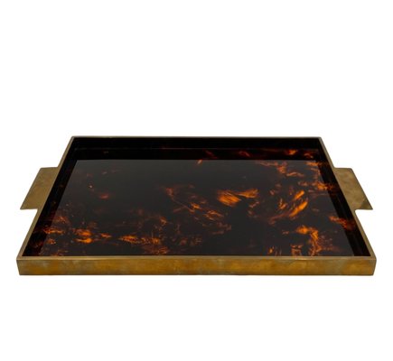 Hollywood Regency Brass and Tortoiseshell Acrylic Tray, Italy, 1970s-TXN-2033793