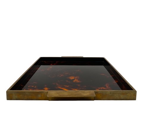 Hollywood Regency Brass and Tortoiseshell Acrylic Tray, Italy, 1970s-TXN-2033793