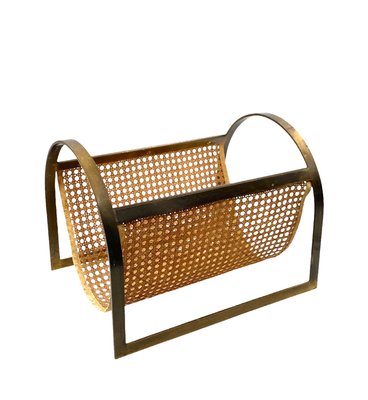 Hollywood Regency Brass and Vienna Straw Magazine Rack, 1970-TXN-2032333