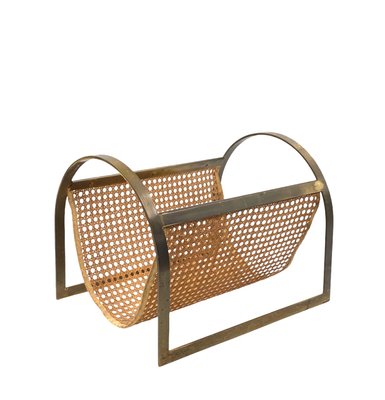 Hollywood Regency Brass and Vienna Straw Magazine Rack, 1970-TXN-2032333