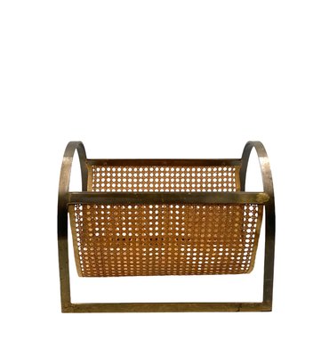 Hollywood Regency Brass and Vienna Straw Magazine Rack, 1970-TXN-2032333