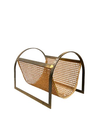 Hollywood Regency Brass and Vienna Straw Magazine Rack, 1970-TXN-2032333