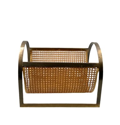 Hollywood Regency Brass and Vienna Straw Magazine Rack, 1970-TXN-2032333