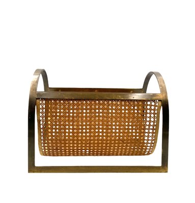 Hollywood Regency Brass and Vienna Straw Magazine Rack, 1970-TXN-2032333