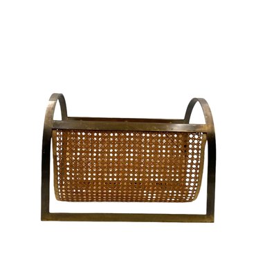 Hollywood Regency Brass and Vienna Straw Magazine Rack, 1970-TXN-2032333