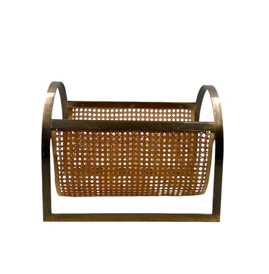 Hollywood Regency Brass and Vienna Straw Magazine Rack, 1970-TXN-2032333