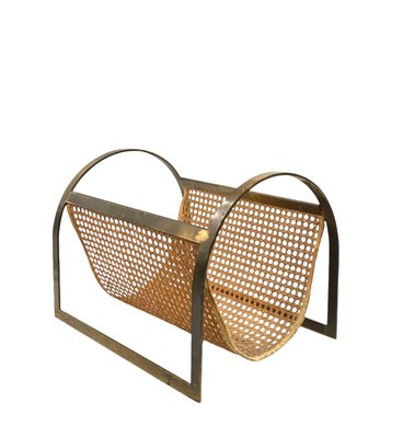 Hollywood Regency Brass and Vienna Straw Magazine Rack, 1970-TXN-2032333