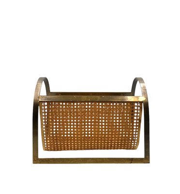 Hollywood Regency Brass and Vienna Straw Magazine Rack, 1970-TXN-2032333