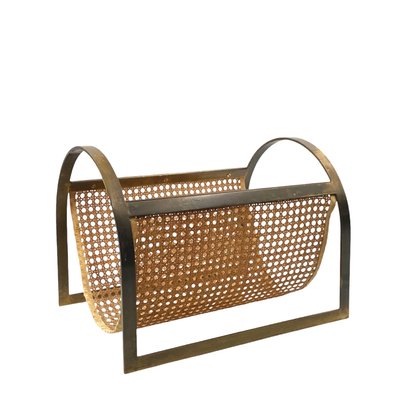 Hollywood Regency Brass and Vienna Straw Magazine Rack, 1970-TXN-2032333