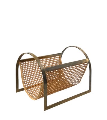 Hollywood Regency Brass and Vienna Straw Magazine Rack, 1970-TXN-2032333