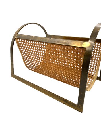 Hollywood Regency Brass and Vienna Straw Magazine Rack, 1970-TXN-2032333