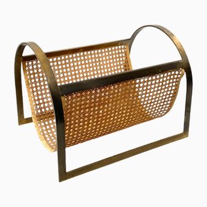 Hollywood Regency Brass and Vienna Straw Magazine Rack, 1970-TXN-2032333