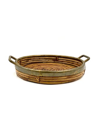 Hollywood Regency Brass and Wicker Bowl, Italy, 1970s-TXN-1820111