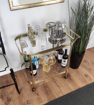 Hollywood Regency Italian Two-Tier Brass and Glass Bar Cart, 1970s-EUP-1175772