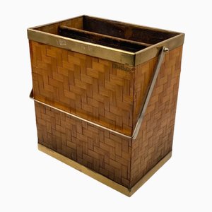 Hollywood Regency Magazine Rack in Brass and Woven Bamboo, 1970-TXN-2032281