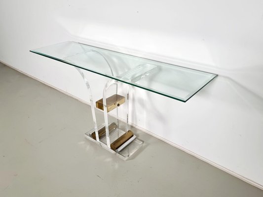 Hollywood Regency Style Acrylic Glass, Brass and Glass Console Table, France, 1970s-UJI-1763743