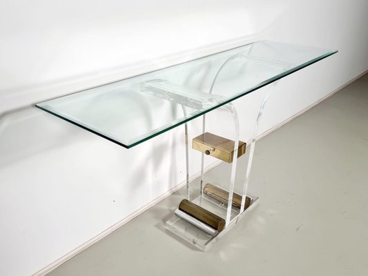 Hollywood Regency Style Acrylic Glass, Brass and Glass Console Table, France, 1970s-UJI-1763743