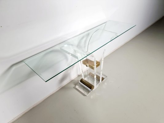 Hollywood Regency Style Acrylic Glass, Brass and Glass Console Table, France, 1970s-UJI-1763743